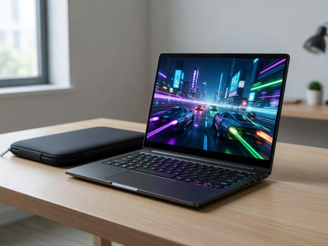 Modern slim high-performance gaming laptop open on desktop showing chassis portability